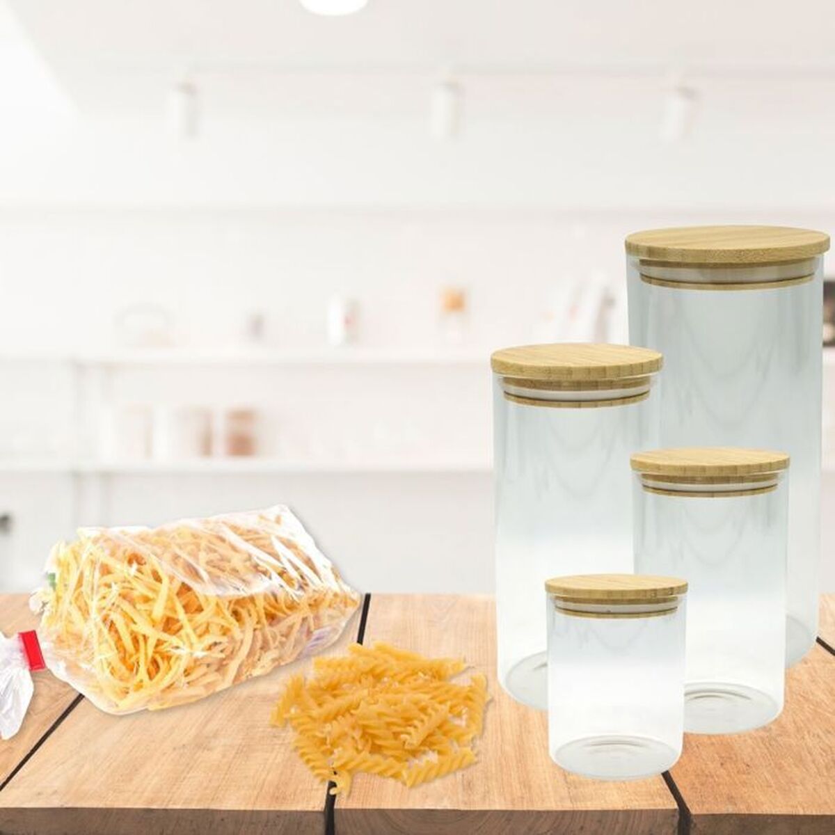 Fackelmann Kanister Set – Detailansicht Glas & Bambus, 4 verschiedene Größen
