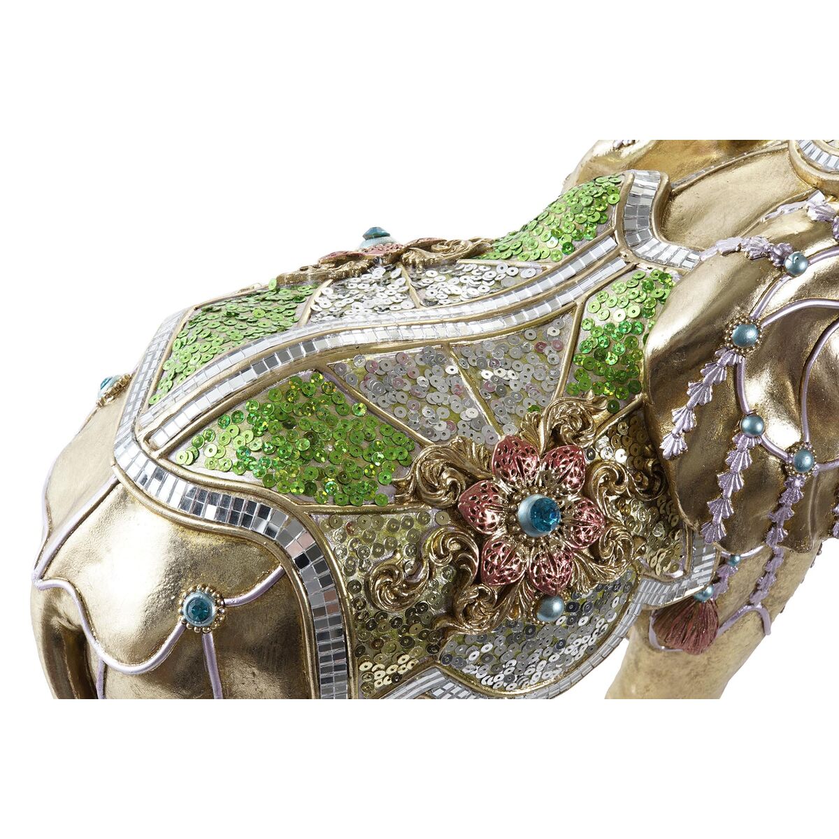 DKD Elefant Deko-Figur Harz gold bunt Nahaufnahme Details
