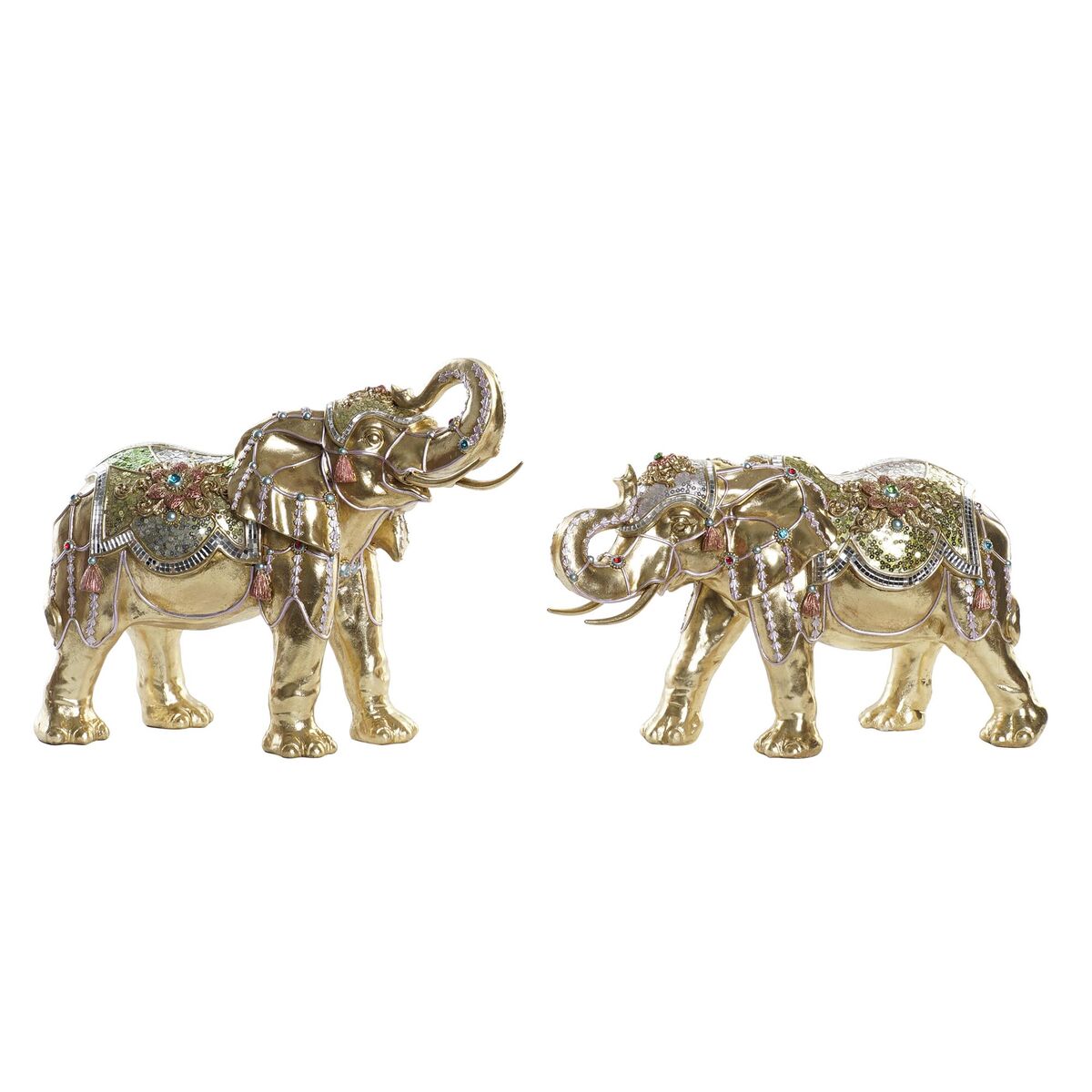 DKD Home Decor Elefant Deko-Figur gold bunt 2er-Set kolonialer Stil Harz
