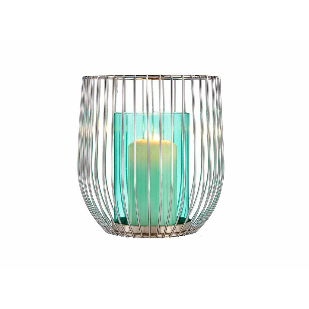 Gift Decor Kerzenschale blau silber Glas Metall Käfig Nahaufnahme

