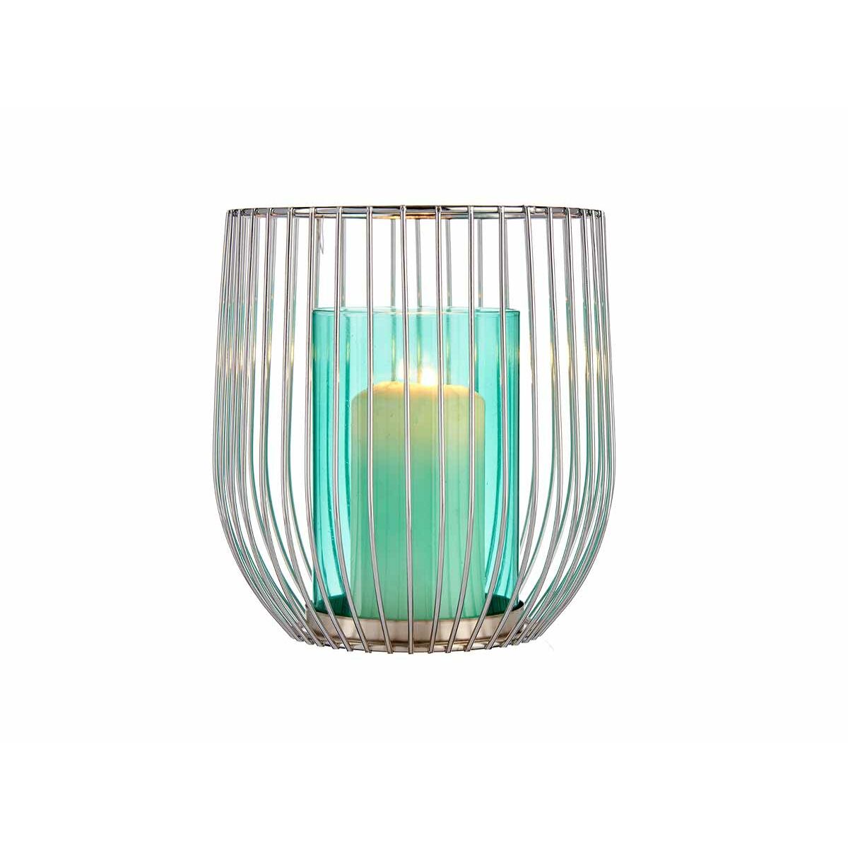 Gift Decor Kerzenschale blau silber Glas Metall Käfig Nahaufnahme
