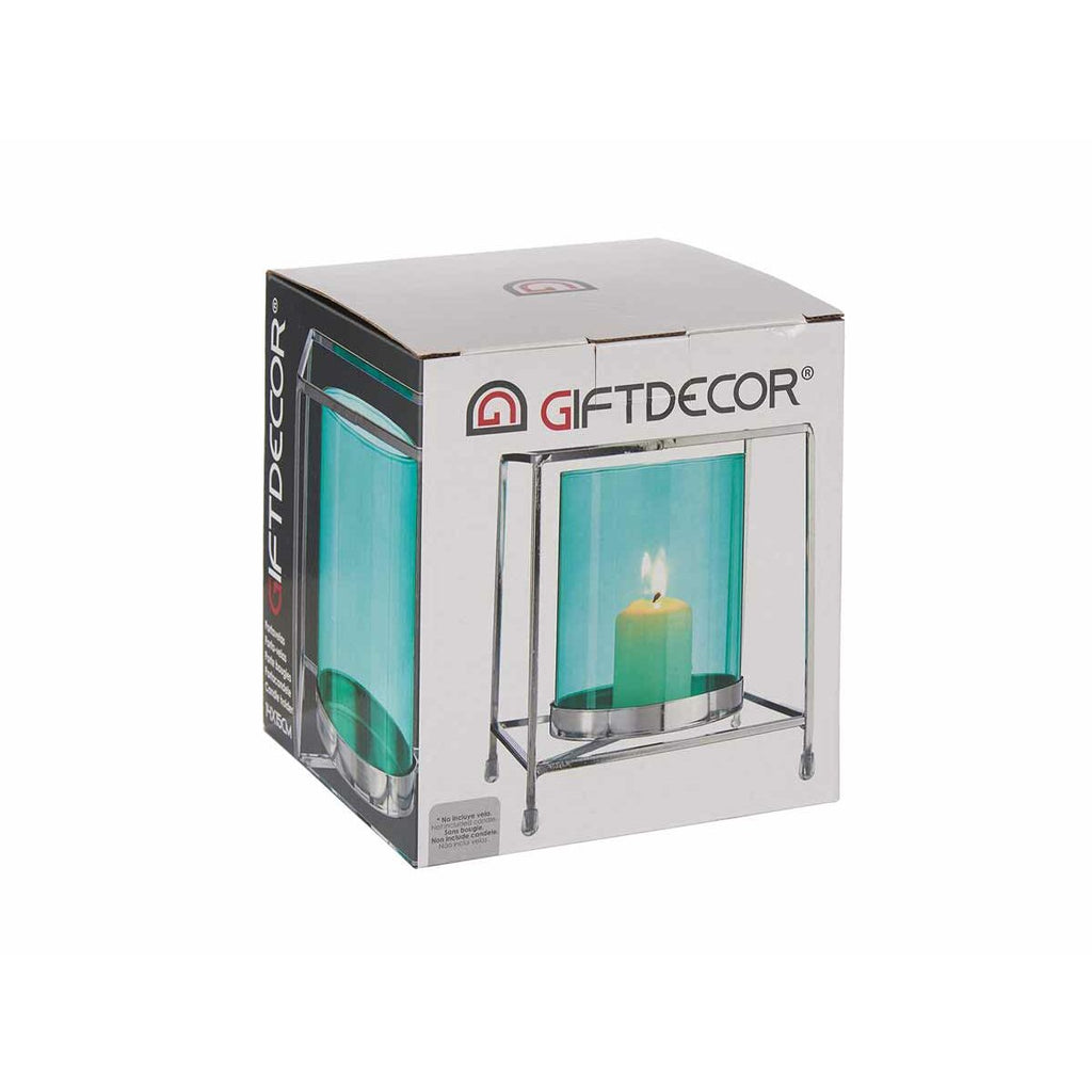 Gift Decor Kerzenschale blau silber Glas Metall kariert Karton
