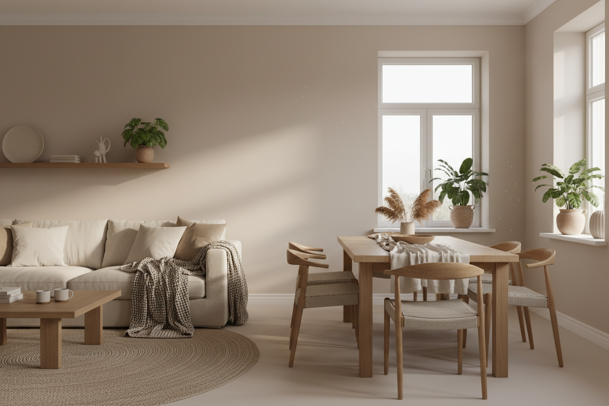  Wohnzimmer oder Essbereich
✔ warme Naturtöne (Beige, Holz, Creme)
✔ Tageslicht
✔ KEIN Produkt im Fokus – Gefühl > Produkt
✔ passt zum Hero-Bild, aber ruhiger